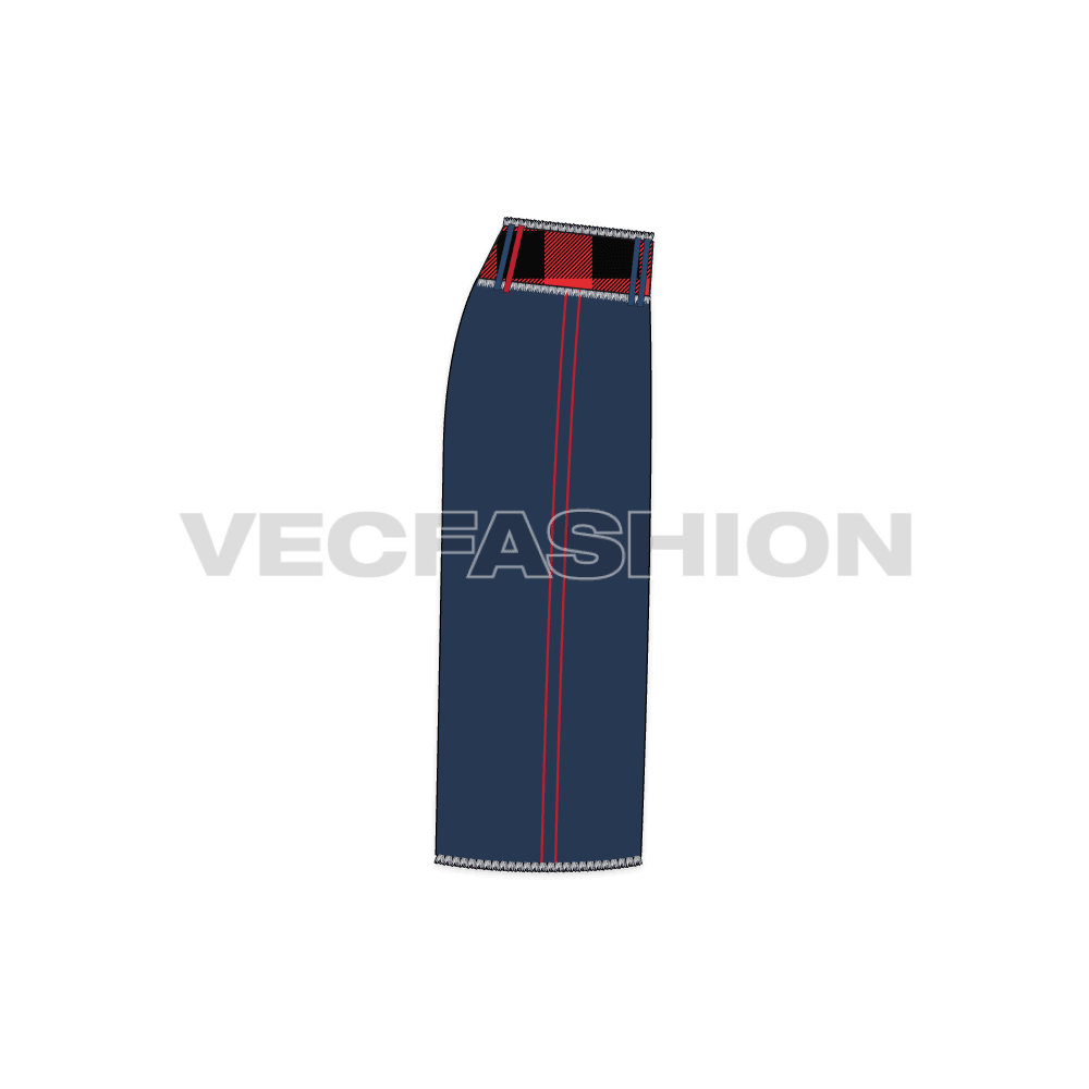 Womens straight denim skirt flat sketch, side view