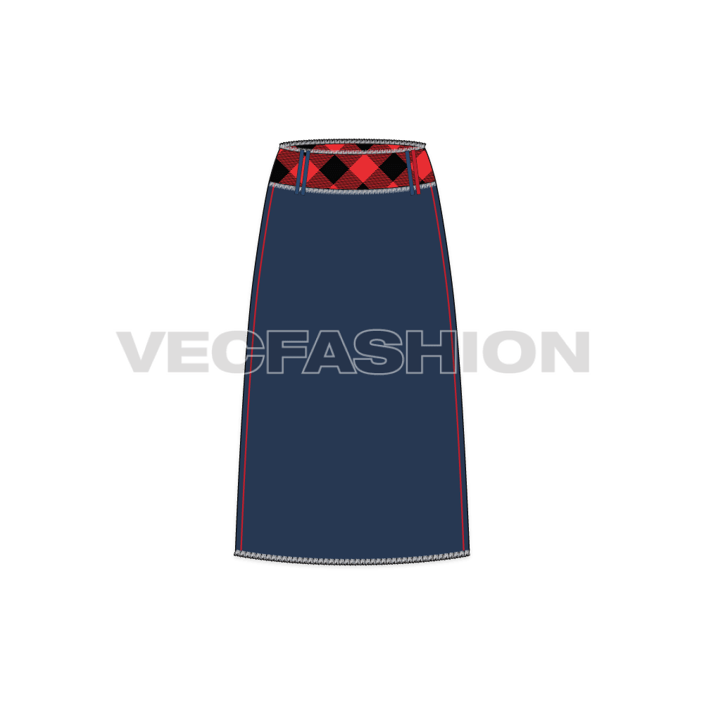 Womens straight denim skirt flat sketch, front view