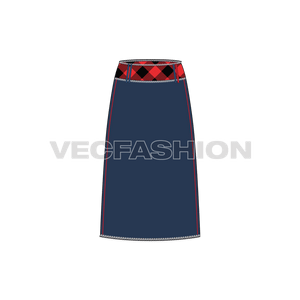A detailed vector template for Women's Straight Denim Skirt. It is stylized to suit for today's high street fashion. It has Bull-denim printed with Lumberjack Plaid at waistband. It has unique styled Belt Loops, Raw edges and included with Cross-hatched Denim used at Bias.