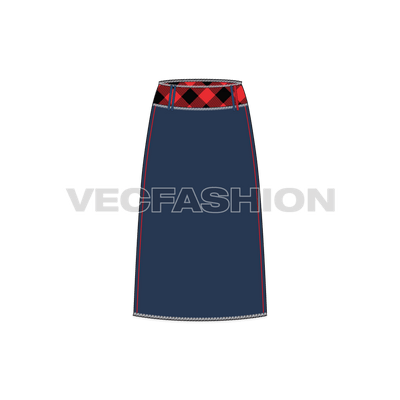 A detailed vector template for Women's Straight Denim Skirt. It is stylized to suit for today's high street fashion. It has Bull-denim printed with Lumberjack Plaid at waistband. It has unique styled Belt Loops, Raw edges and included with Cross-hatched Denim used at Bias.