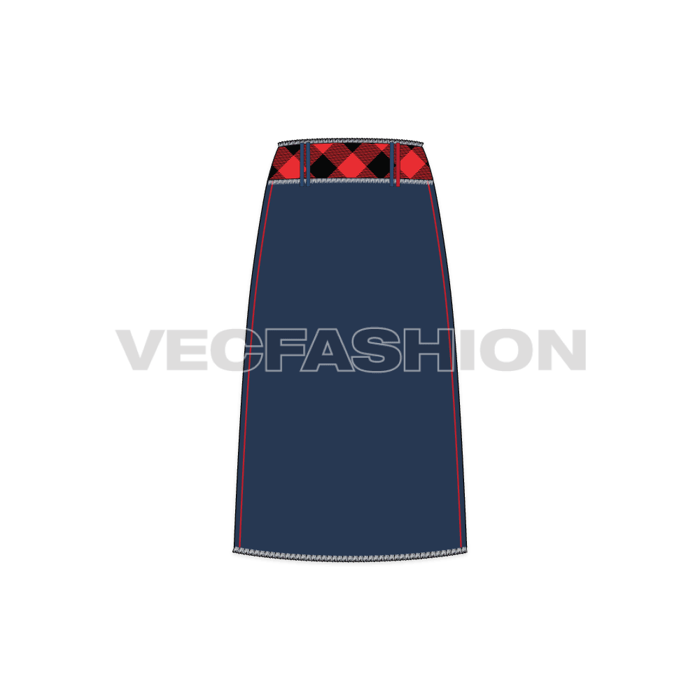 Womens straight denim skirt flat sketch, back view