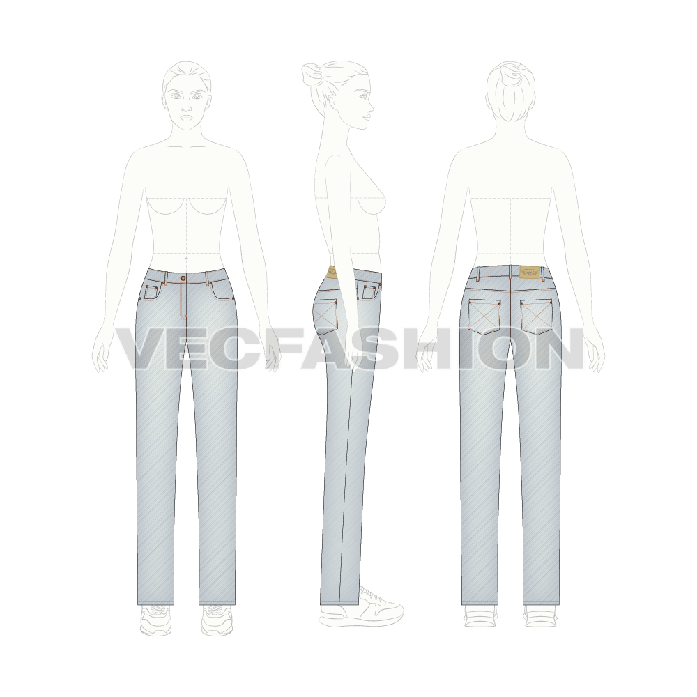 Womens straight leg denim jeans flat sketch, on croqui