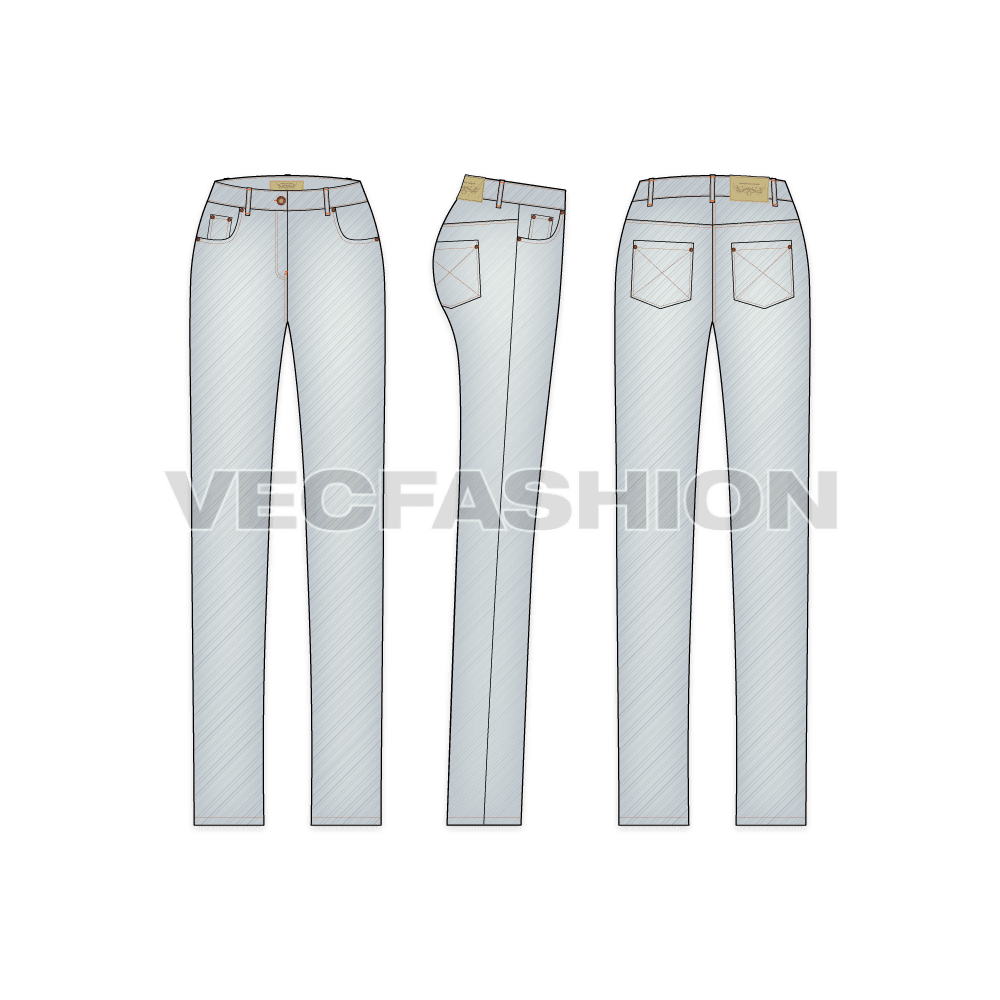 Womens straight leg denim jeans flat sketch, showing all views, front, side and back