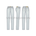 Womens straight leg denim jeans flat sketch, showing all views, front, side and back