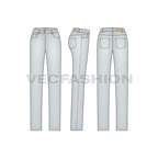 Womens straight leg denim jeans flat sketch, showing all views, front, side and back