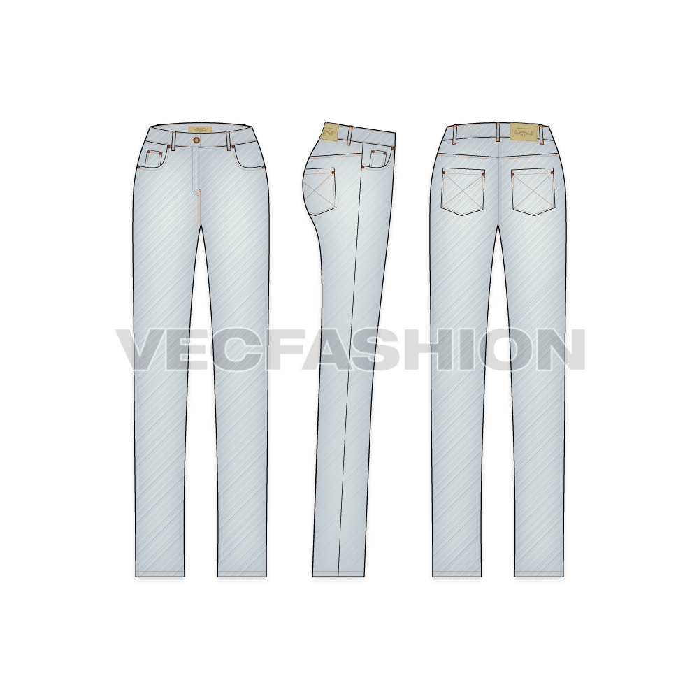 A light stone washed vector template for Women's Straight Leg Denim Jeans. This template includes Metal Shank on waist band, Metal Rivets,  PU Label, Back Pocket PU Label, Belt Loops with Bar Tack Stitch and Double Needle Stitch on all over garment.