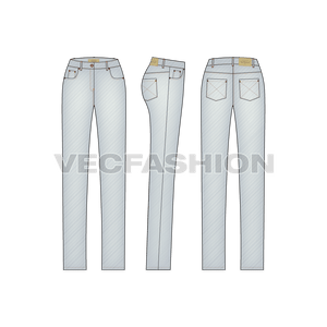 A light stone washed vector template for Women's Straight Leg Denim Jeans. This template includes Metal Shank on waist band, Metal Rivets,  PU Label, Back Pocket PU Label, Belt Loops with Bar Tack Stitch and Double Needle Stitch on all over garment.