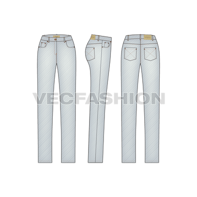 A light stone washed vector template for Women's Straight Leg Denim Jeans. This template includes Metal Shank on waist band, Metal Rivets,  PU Label, Back Pocket PU Label, Belt Loops with Bar Tack Stitch and Double Needle Stitch on all over garment.