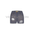 Womens street denim shorts with frayed edges flat sketch, front view