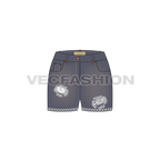 Womens street denim shorts with frayed edges flat sketch, front view