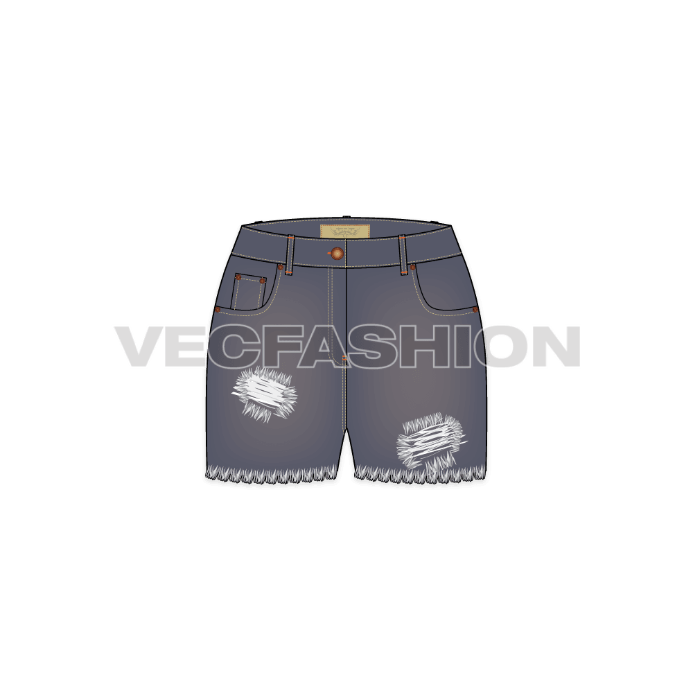 Womens street denim shorts with frayed edges flat sketch, front view
