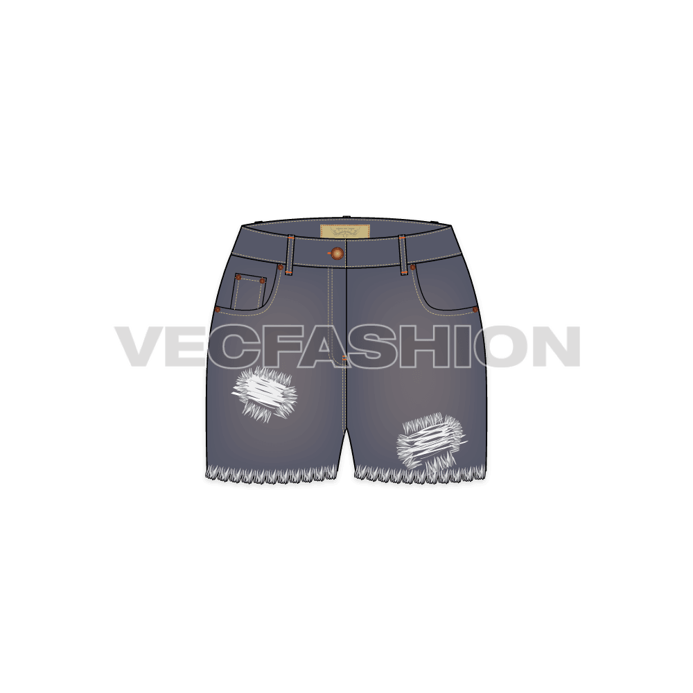 An Over-dyed Women's Denim Shorts Vector Template. This template is designed to illustrate a vintage look by adding a vector brush for frayed edges. This template includes Metal Shank on waist band, Metal Rivets,  PU Label, Back Pocket PU Label, Belt Loops with Bar Tack Stitch and Double Needle Stitch on all over garment.