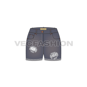 An Over-dyed Women's Denim Shorts Vector Template. This template is designed to illustrate a vintage look by adding a vector brush for frayed edges. This template includes Metal Shank on waist band, Metal Rivets,  PU Label, Back Pocket PU Label, Belt Loops with Bar Tack Stitch and Double Needle Stitch on all over garment.