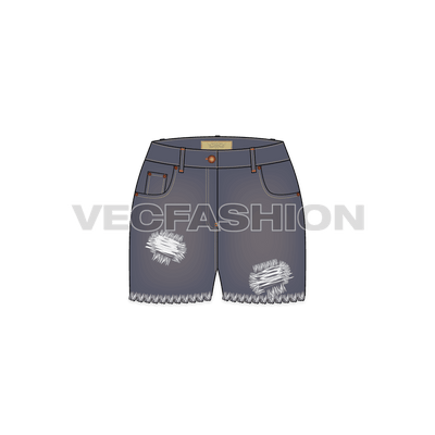 An Over-dyed Women's Denim Shorts Vector Template. This template is designed to illustrate a vintage look by adding a vector brush for frayed edges. This template includes Metal Shank on waist band, Metal Rivets,  PU Label, Back Pocket PU Label, Belt Loops with Bar Tack Stitch and Double Needle Stitch on all over garment.