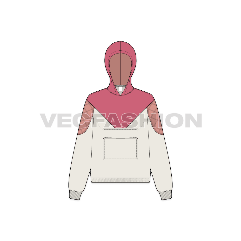 Womens streetwear hoodie flat sketch, front view