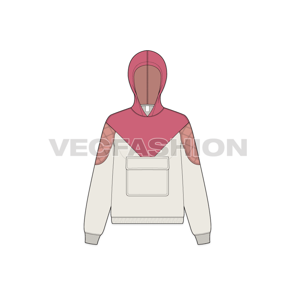 A new fashion flat for Women's Sport Pullover Hoodie, it is colored in three colors and have functional pockets on middle chest and two on sides yet keeping a clean look