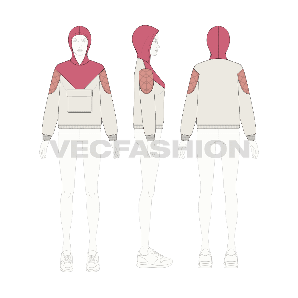 Womens streetwear hoodie flat sketch, croqui sketch