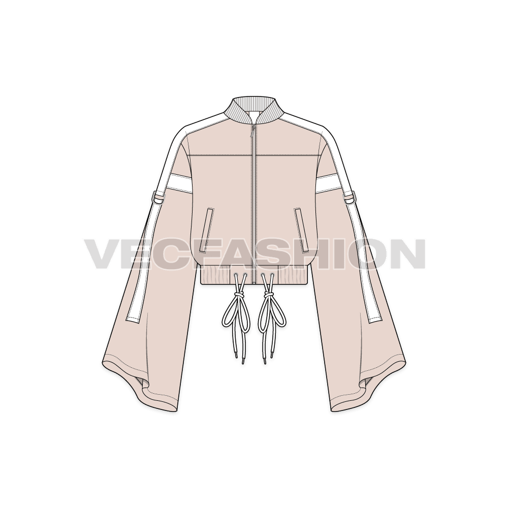 A vector illustrator template for Women's Streetwear Jacket. It has very cool trims like tassles, contrast colored panels and collar. 