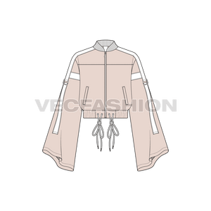 A vector illustrator template for Women's Streetwear Jacket. It has very cool trims like tassles, contrast colored panels and collar. 