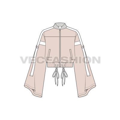 A vector illustrator template for Women's Streetwear Jacket. It has very cool trims like tassles, contrast colored panels and collar. 