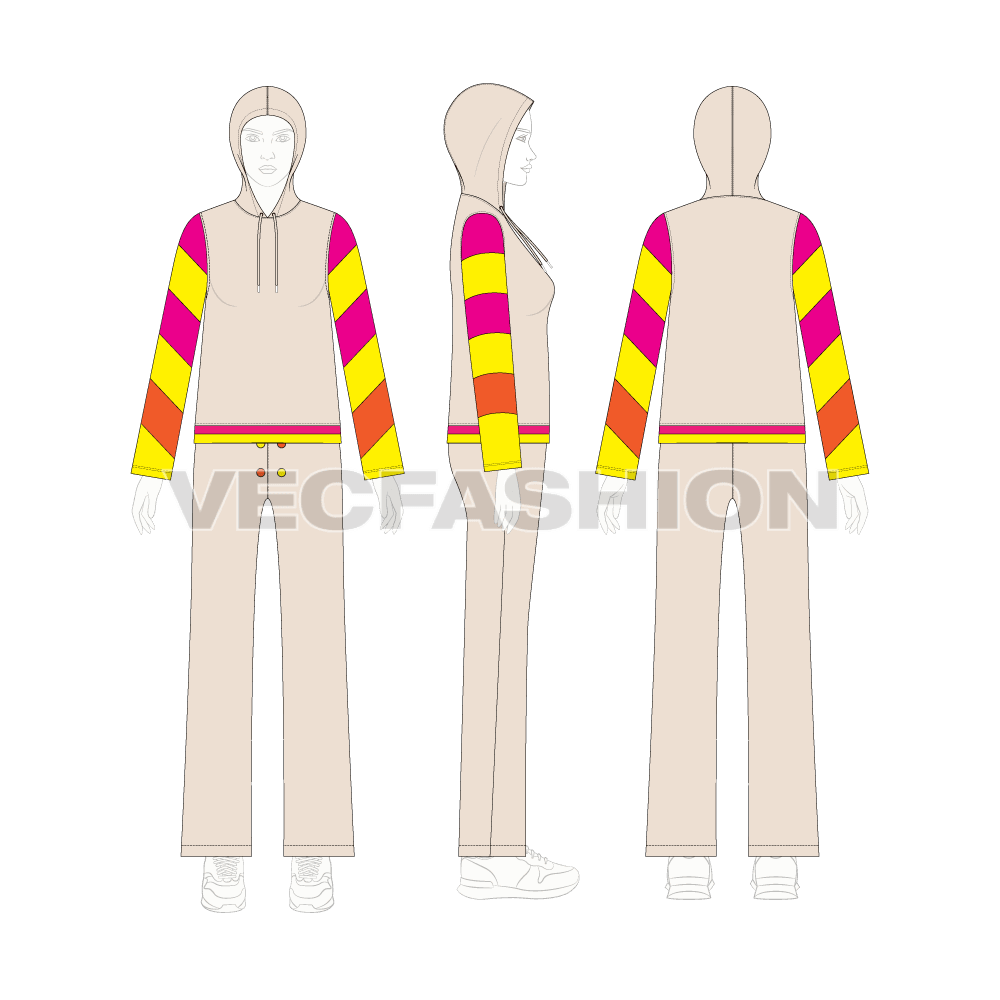 Womens streetwear suit flat sketch, on croqui