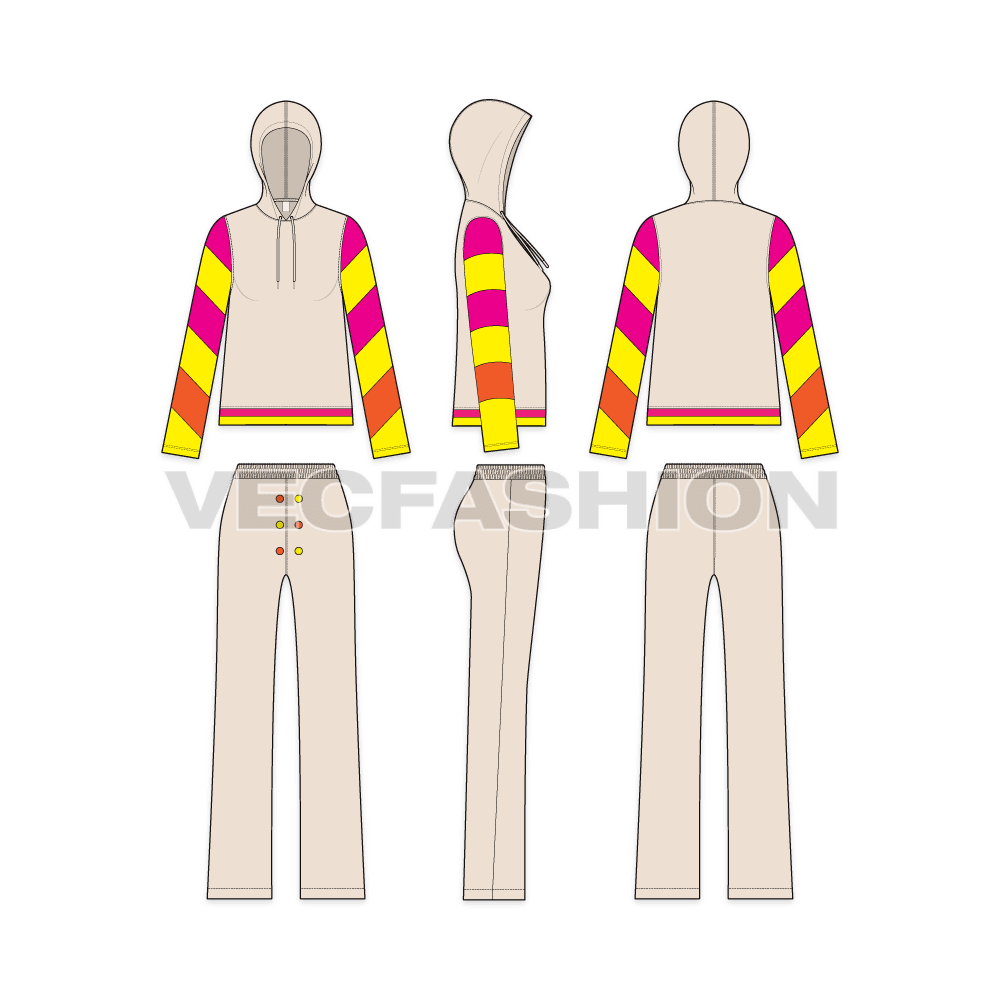 Womens streetwear suit flat sketch, showing all views, front, side and back