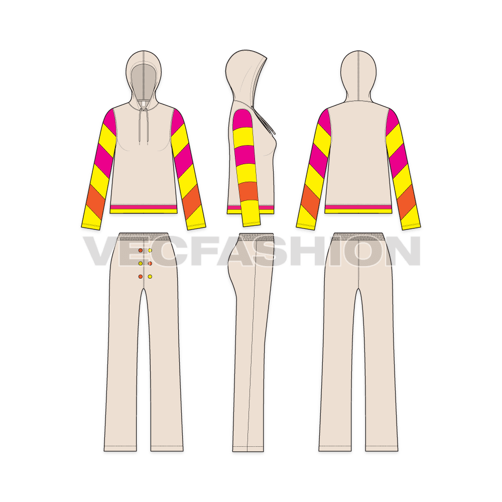 A vector template for Women's Streetwear Suit. It has a hooded shirt with contrast diagonal panels with a high waisted fashion pants.