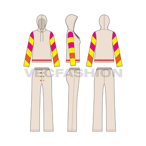 A vector template for Women's Streetwear Suit. It has a hooded shirt with contrast diagonal panels with a high waisted fashion pants.