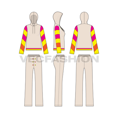 A vector template for Women's Streetwear Suit. It has a hooded shirt with contrast diagonal panels with a high waisted fashion pants.