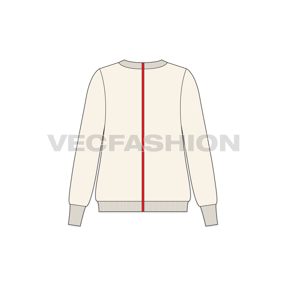 A new template for Women's Streetwear Sweater, it has a sporty red intersecting line on center front. This is a boat neck sweater in lose fit with tighter and soft rib on cuffs and bottom. 