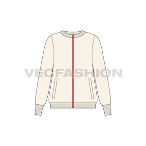A new template for Women's Streetwear Sweater, it has a sporty red intersecting line on center front. This is a boat neck sweater in lose fit with tighter and soft rib on cuffs and bottom. 