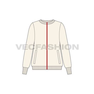 A new template for Women's Streetwear Sweater, it has a sporty red intersecting line on center front. This is a boat neck sweater in lose fit with tighter and soft rib on cuffs and bottom. 