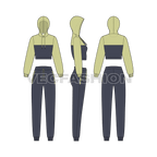 Womens streetwear sweatsuit flat sketch, showing all views, front, side and back