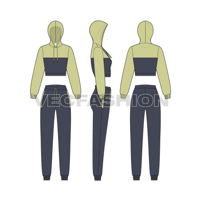 Womens streetwear sweatsuit flat sketch, showing all views, front, side and back