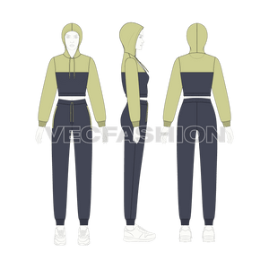 An editable vector template for Womens Streetwear Sweatsuit. It is a very stylish design with colored panel on bodice. It is a slim fit sweatsuit with Cropped Hoodie and Joggers.