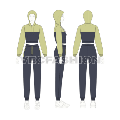 An editable vector template for Womens Streetwear Sweatsuit. It is a very stylish design with colored panel on bodice. It is a slim fit sweatsuit with Cropped Hoodie and Joggers.