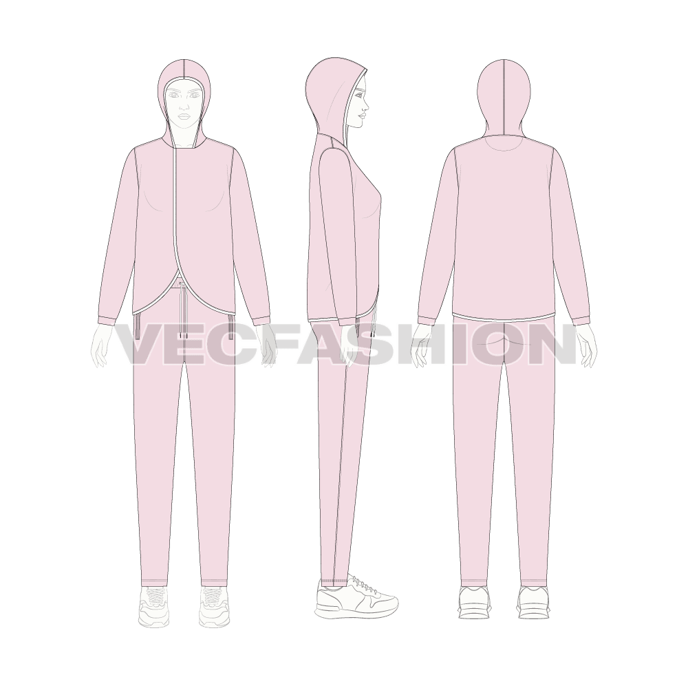 Womens streetwear tracksuit flat sketch, on croqui