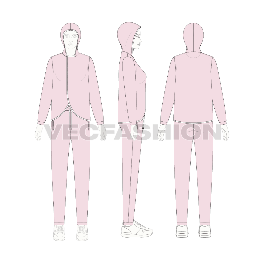 An editable vector template for Women's Streetwear Tracksuit. It is a very different cut can also be worn as a daywear or loungewear.