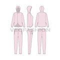 Womens streetwear tracksuit flat sketch, showing all views, front, side and back
