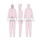 Womens streetwear tracksuit flat sketch, showing all views, front, side and back