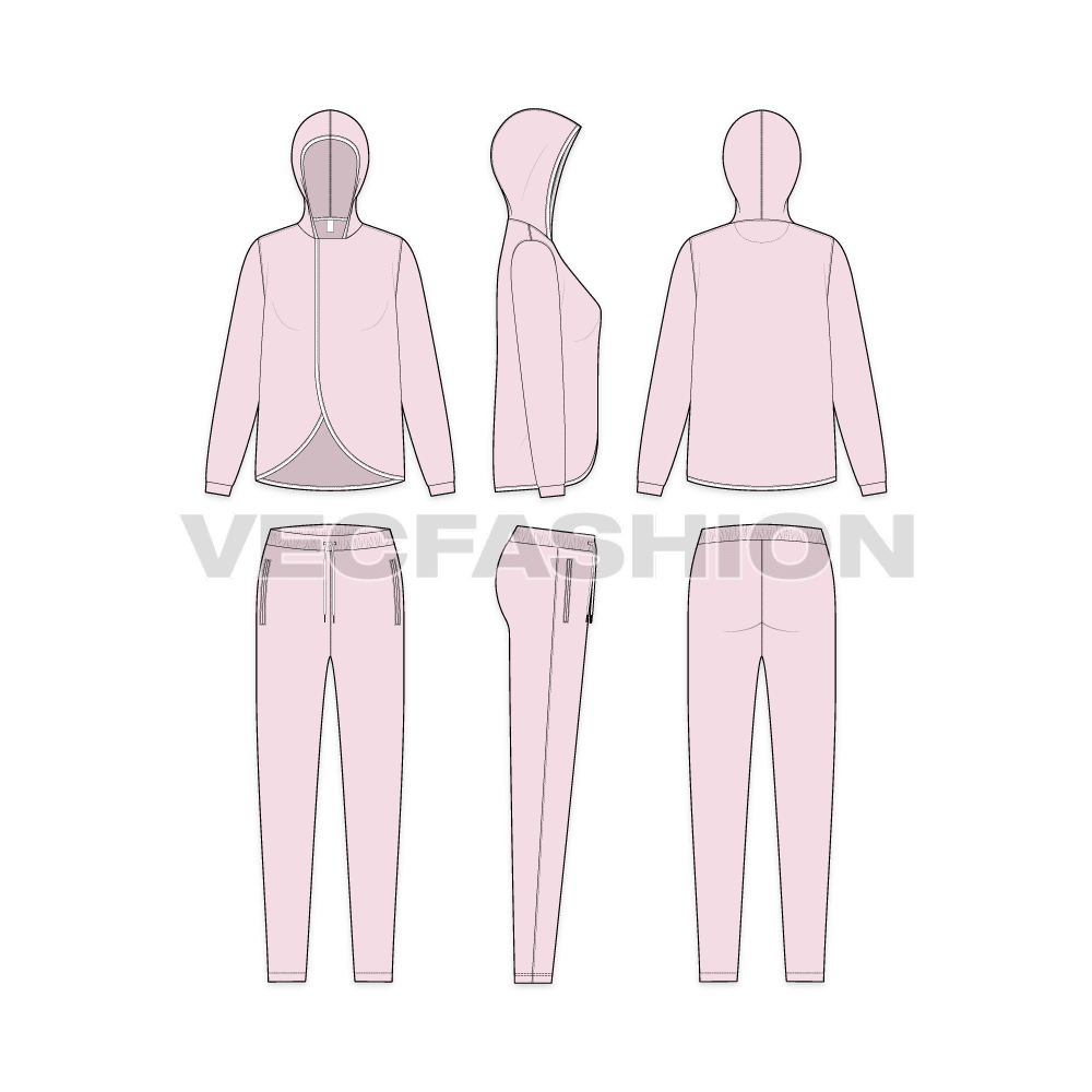 Womens streetwear tracksuit flat sketch, showing all views, front, side and back