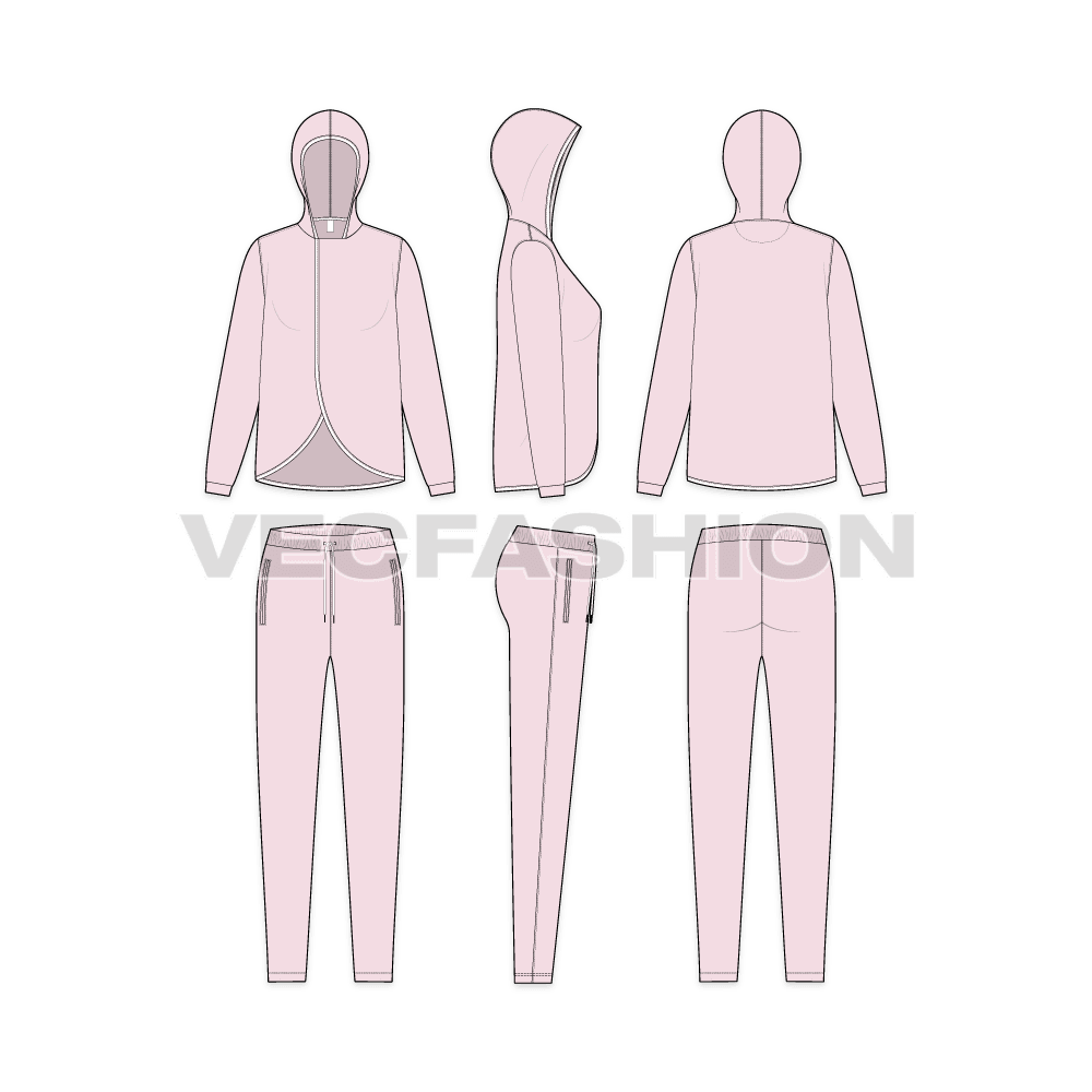 An editable vector template for Women's Streetwear Tracksuit. It is a very different cut can also be worn as a daywear or loungewear.