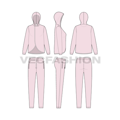Womens streetwear tracksuit flat sketch, showing all views, front, side and back