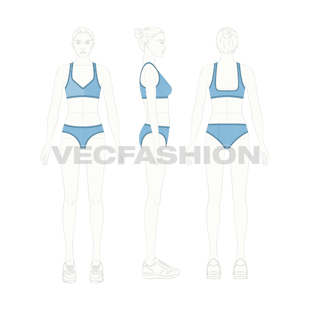 Womens stretch underwear set flat sketch, croqui sketch
