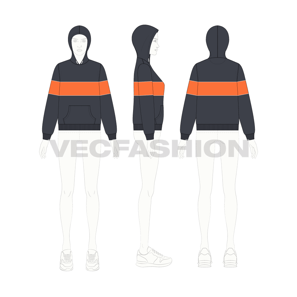 Womens striker hoodie flat sketch, croqui sketch