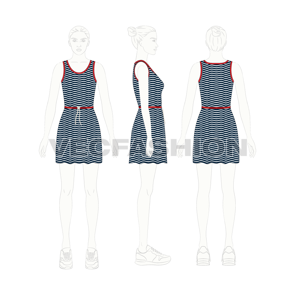 Womens striped frock dress flat sketch, croqui sketch