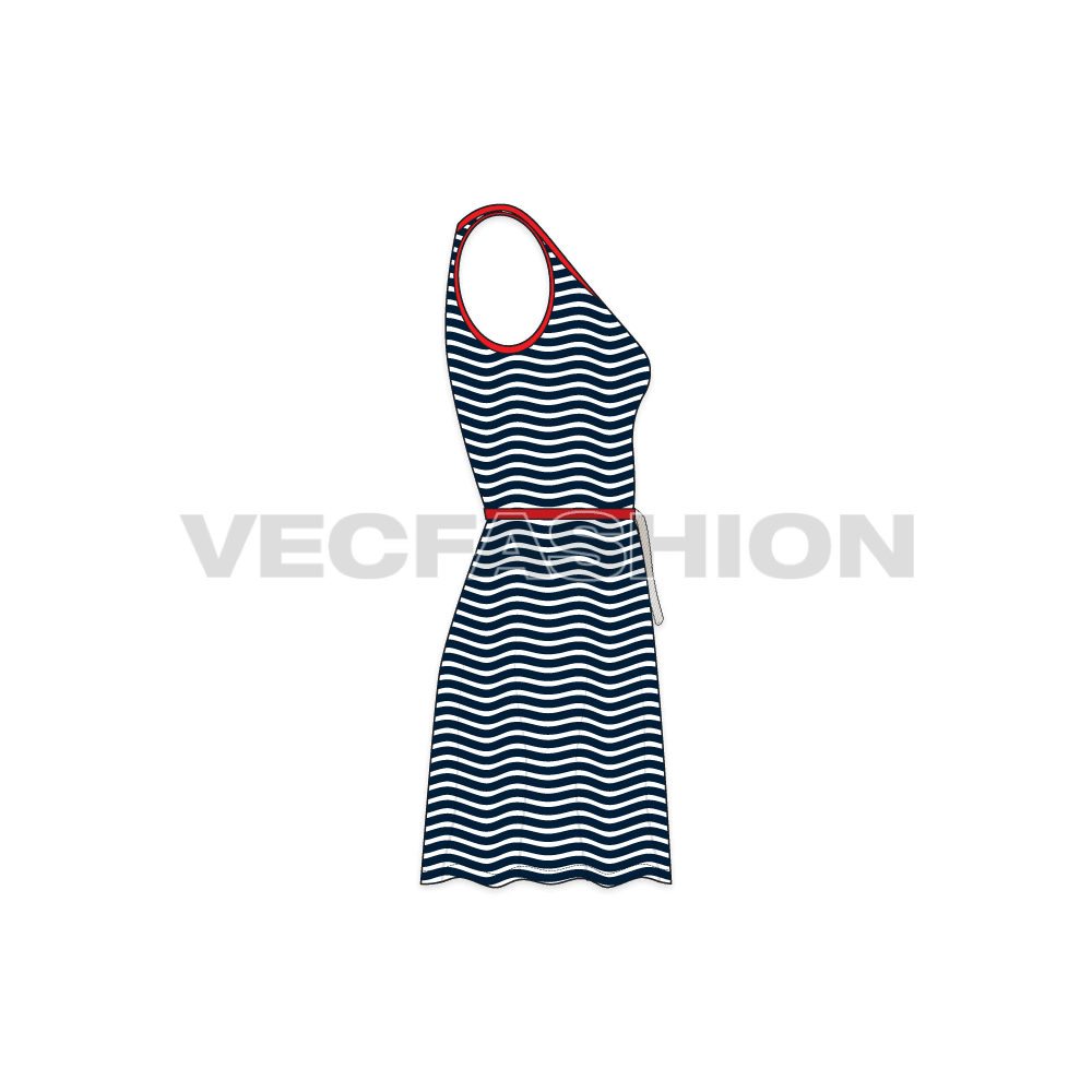Womens striped frock dress flat sketch, side view