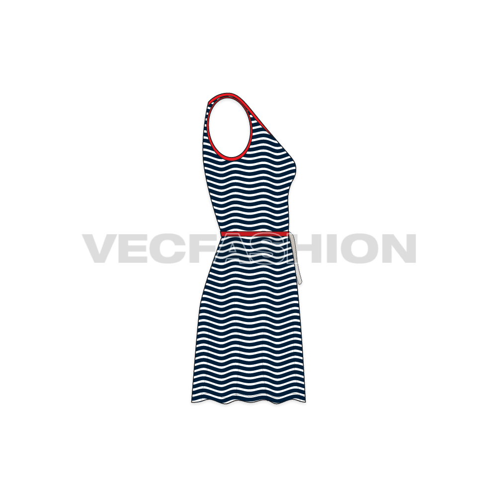 A simple and casual day Women's Frock Dress with nautical stripes and with Rope Draw String at waist. The rope is a vector brush and is free with this template graphic.