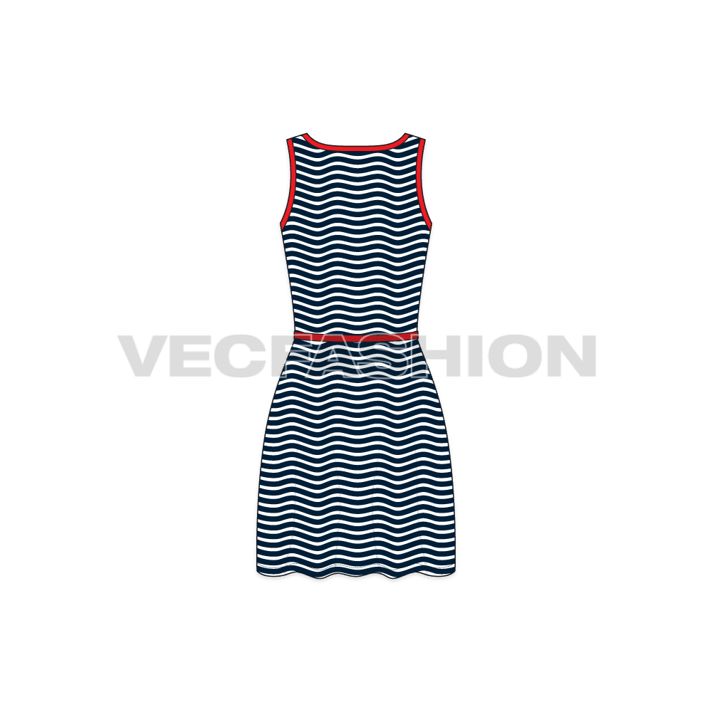 Womens striped frock dress flat sketch, back view