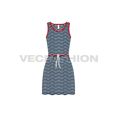 A simple and casual day Women's Frock Dress with nautical stripes and with Rope Draw String at waist. The rope is a vector brush and is free with this template graphic.